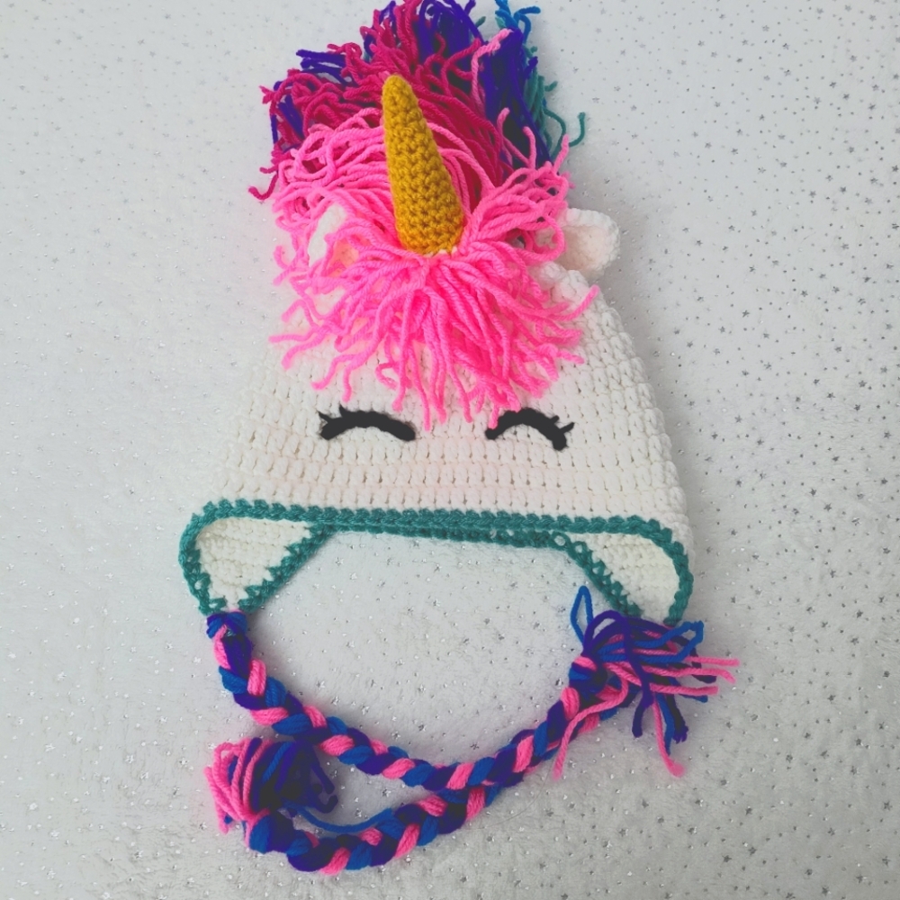 Unicorn Knit Hat with Pink Mane and Yellow Horn